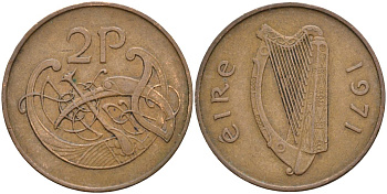 Ирландия 2 пенса 1971 виньетка в виде стилизованной птицы из второй библии Карла II лысого KM 21 бронза 4150-937