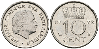 Нидерланды 10 центов 1972 Юлиана (1948-1980) KM 182 никель 96-448