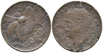 ИТАЛИЯ 10 ЧЕНТЕЗИМО 1923 R, ПЧЕЛА, ВИКТОР ИМАНУИЛ III KM 60 медь 34-447