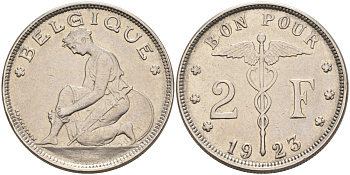 Бельгия 2 франка 1923 Belgie, Альберт I (1909-1934) KM 92 никель 4393-336