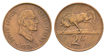 ЮАР 2 цента 1976 Окончание президентства Якобуса Йоханнеса Фуше KM 92 бронза 4602-723