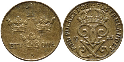 Швеция 1 эре 1923 Густав V (1907-1950) KM 777.2 бронза 4396-162