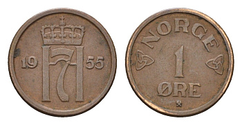 Норвегия 1 эре 1955 Хокон VII (1905-1957) KM 398 бронза 4702-535