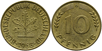 ФРГ 10 ПФЕННИГОВ 1968 G KM 108, J.383 сталь плакированная латунью 98-421