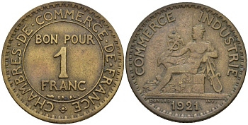 Франция 1 франк 1921 KM 876, Le Franc 218.5 алюминиевая бронза 4142-553