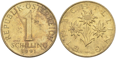 Австрия 1 шиллинг 1991 KM 2886 алюминиевая бронза 4592-1036