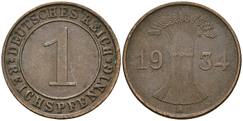 Германия 1 рейхспфенниг 1934 A KM 37, J. 313 бронза 4189-1246