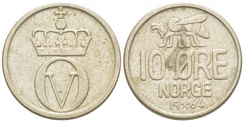 Норвегия 10 эре 1964 пчела, Улаф V (1958-1991) KM 411 медно-никель 3955-169
