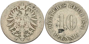ГЕРМАНИЯ 10 ПФЕННИГОВ 1874 F, СТАРОГЕРБОВКА KM 4, J. 4 медно-никель 4401-234