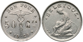 БЕЛЬГИЯ 50 САНТИМОВ 1928 BELGIQUE, АЛЬБЕРТ I (1909-1934) KM 87 никель 27-122