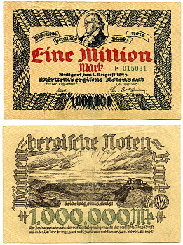 Штутгарт 1000000 марок (1 миллион) 1923 1 августа 1923, нотгельд, Wurtembergische Notenbanc, серия А015031, земля Баден-Вюртемберг Keller 4930d  бумага   2194-2-1-1