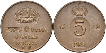 Швеция 5 эре 1959 TS, Густав VI Адольф (1950-1973) KM 822 бронза 4557-812