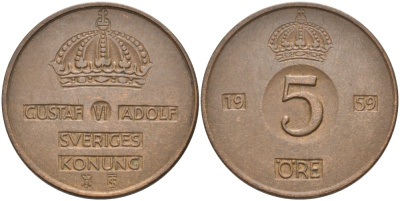 Швеция 5 эре 1959 TS, Густав VI Адольф (1950-1973) KM 822 бронза 4557-812