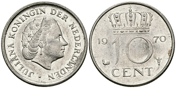 Нидерланды 10 центов 1970 Юлиана (1948-1980) KM 182 никель 96-411