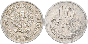 Польша 10 грошей 1966 MW KM AA47, Parchimowicz 206e алюминий 4516-1253