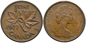 Канада 1 цент 1977 Елизавета II (1952-2022), кленовый лист KM 59.1 бронза 4549-364