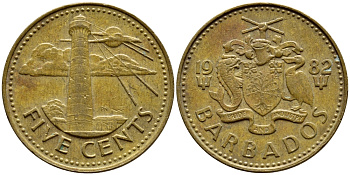 Барбадос 5 центов 1982 маяк Саут-Пойнт KM 11 латунь 4398-531