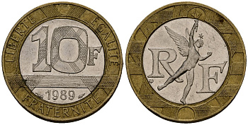 Франция 10 франков 1989 тип гений Бастилии KM 964.1, Le Franc 375.3 биметалл 4138-324
