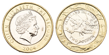 Фолклендские острова 2 фунта 2004 30 лет монетам Фолклендов, карта KM 137 биметалл  UNC  M72-02