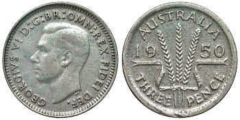 Австралия 3 пенса 1950 m, Георг VI (1937-1952), без букв KM 44 серебро 71-246