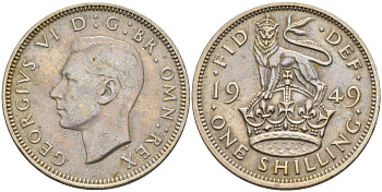 Великобритания 1 шиллинг 1949 Георг VI (1936-1952), Английский шиллинг KM 863, Spink 4103 медно-никель 4153-855