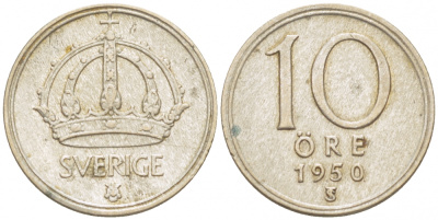 Швеция 10 эре 1950 TS, Густав V (1907-1950) KM 813 серебро 112-1135