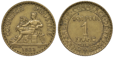 Франция 1 франк 1923 тип Chambres de Commerce KM 876, Le Franc 218.5 алюминиевая бронза 4128-257