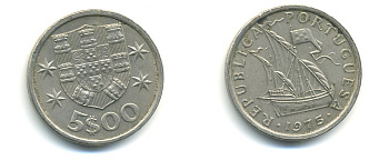 ПОРТУГАЛИЯ 5 ЭСКУДО 1975 ПАРУСНИК KM 591 медно-никель 176-224