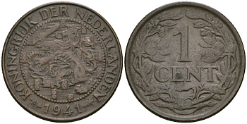 Нидерланды 1 цент 1941 Вильгельмина (1890-1948) KM 152 бронза 4576-1147