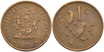 ЮАР 1 цент 1970 герб, капские воробьи, первый год KM 82 бронза 4115-164