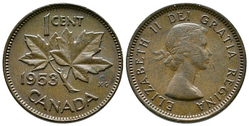 КАНАДА 1 ЦЕНТ 1953 КЛЕНОВЫЙ ЛИСТ, ЕЛИЗАВЕТА II KM 49 бронза 46-2543