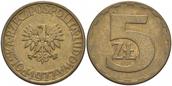 Польша 5 злотых 1977 монетный двор Ленинград (ЛМД) KM 81.1, Parchimowicz 221c латунь 4548-644