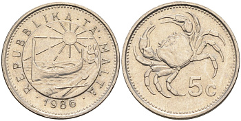 Мальта 5 центов 1986 краб KM 77 медно-никель 4396-626