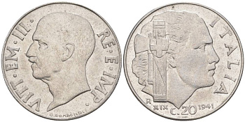 ИТАЛИЯ 20 ЧЕНТЕЗИМО 1941 R, ГОД XIX, ВИКТОР ЭММАНУИЛ III (1900-1946) KM 75b, VEM3. 1028 нержавеющая сталь 3853-912