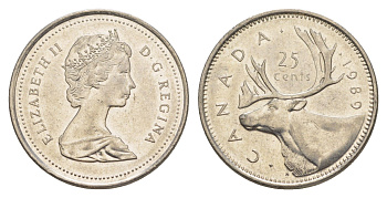 Канада 25 центов 1989 Елизавета II (1952-2022), олень KM 74 никель 4638-536