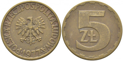 Польша 5 злотых 1977 монетный двор Ленинград (ЛМД) KM 81.1, Parchimowicz 221c латунь 3856-526