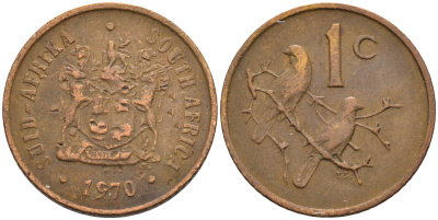 ЮАР 1 цент 1970 герб, капские воробьи, первый год KM 82 бронза 4115-164