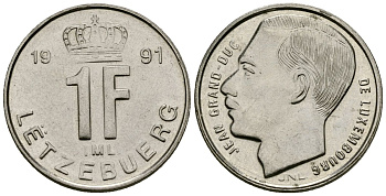 Люксембург 1 франк 1991 Великий герцог Жан KM 63 никель сталь 4182-1032