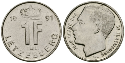 Люксембург 1 франк 1991 Великий герцог Жан KM 63 никель сталь 4182-1032