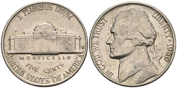 США 5 центов 1960 D, Джефферсон KM А192 медно-никель 92-1037