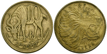 Эфиопия 10 центов 1977 KM 45 латунь 4172-321