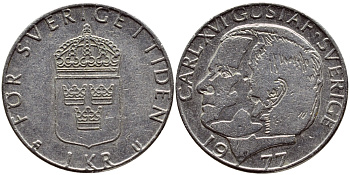 Швеция 1 крона 1977 Карл XVI Густав (1973- ) KM 852 медь плакированная медно-никелем 4397-823