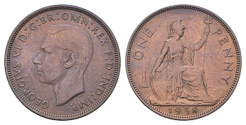Великобритания 1 пенни 1938 Георг VI (1936-1952) KM 845, Spink 4114 бронза 4536-742
