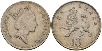 Великобритания 10 пенсов 1992 Елизавета II (1952-2022) KM 938b, Spink 4367 (F4) медно-никель 4601-443