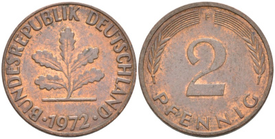 ФРГ 2 пфеннига 1972 F KM 106а сталь плакированная бронзой 4567-353