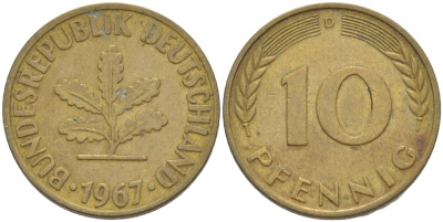 ФРГ 10 ПФЕННИГОВ 1967 D KM 108, J. 383 сталь плакированная латунью 4182-754