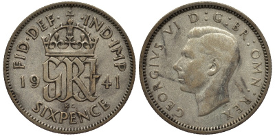 Великобритания 6 пенсов 1941 Георг VI (1936-1952) KM 852, Spink 4084 серебро 4538-444
