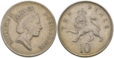 Великобритания 10 пенсов 1992 Елизавета II (1952-2022) KM 938b, Spink 4367 (F4) медно-никель 4601-443
