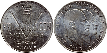 Норвегия 25 крон 1970 25 лет освобождения от фашизма KM 414 серебро UNC 633-534