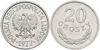 ПОЛЬША 20 ГРОШЕЙ 1977 MW KM A47 алюминий XF 188-746